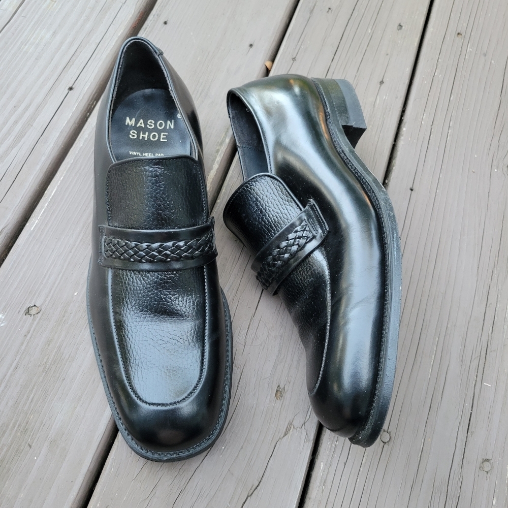 Vintage 60s Mason Shoes Black Leather Braided Vamp Moc Toe Dress Loafers 11.5‎